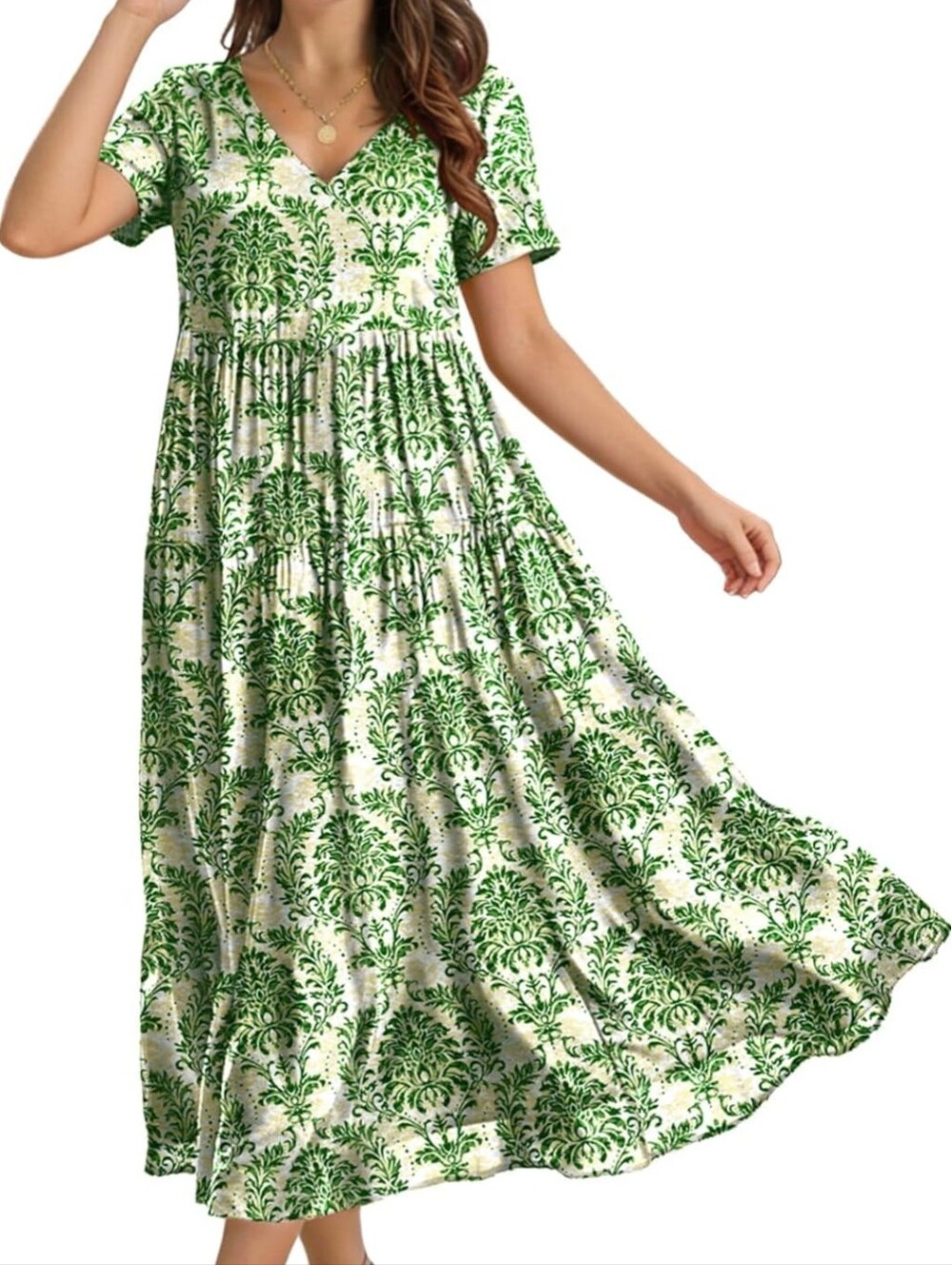 Women’s Green Printed V-Neck Midi Dress with Short Sleeves